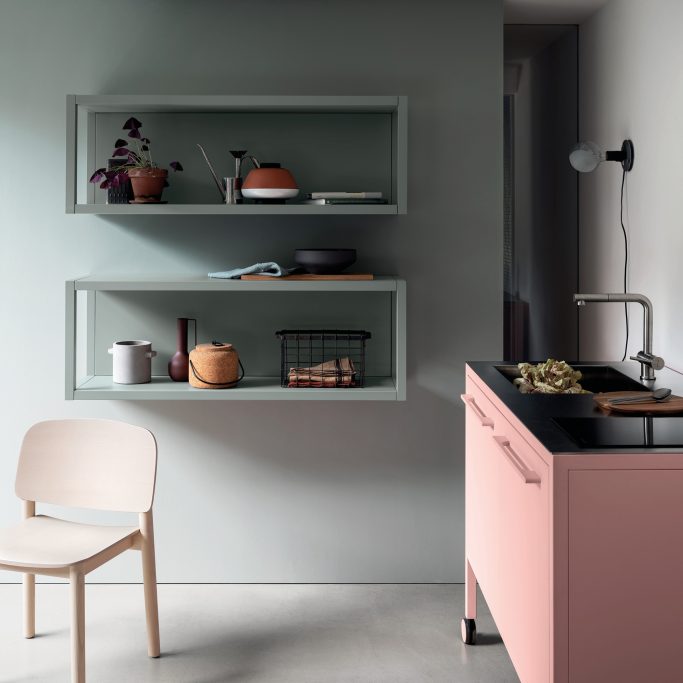 FRAME Kitchen + INOX top + Frame Bookcase - Kleuren Rose Quartz + Cement