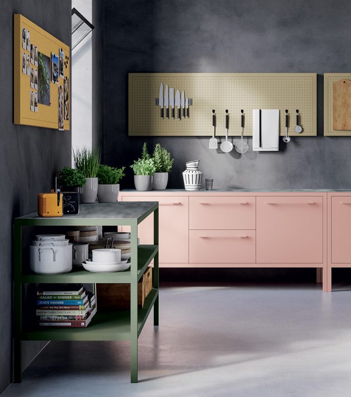 FRAME Kitchen + Workbench+ INOX top - Kleur Rose Quartz